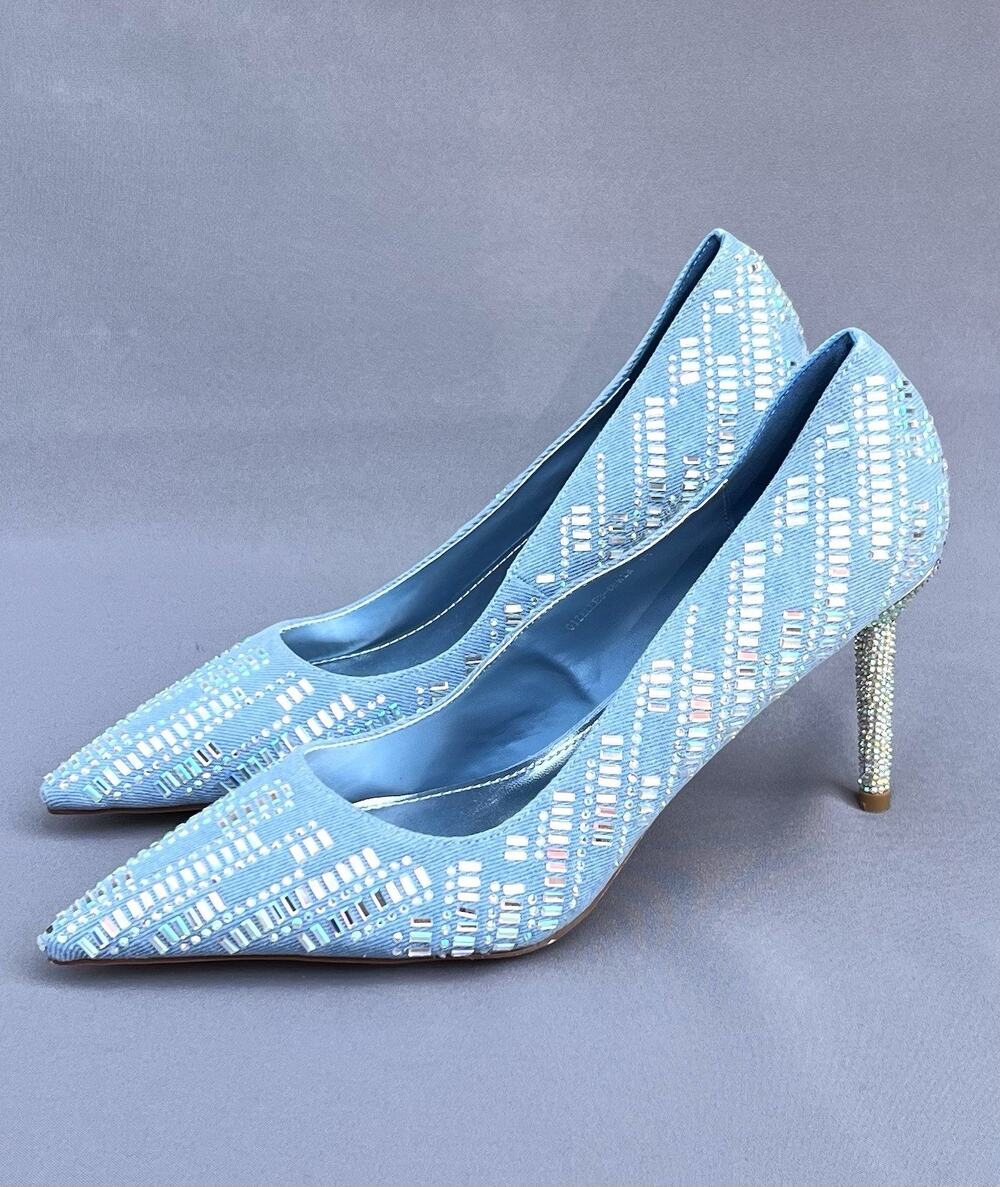 Azalea Wang Gizelle Beaded Stiletto Pumps Blue Iridescent Gemstone Body 11US